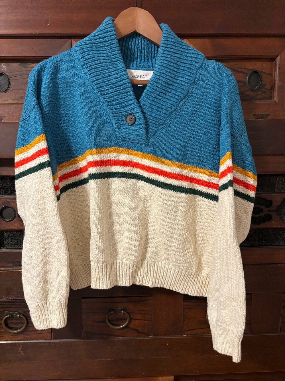 Shawl Collar Colorblock Sweater - Blue & Cream